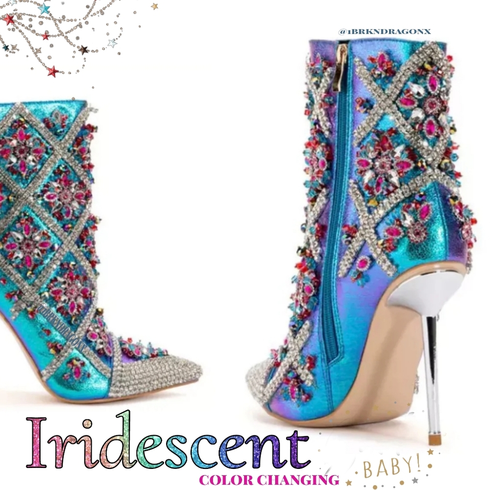 Azalea Wang Iridescent Art Deco Crystal Beaded Dress Stiletto Booties - Picture 9 of 17